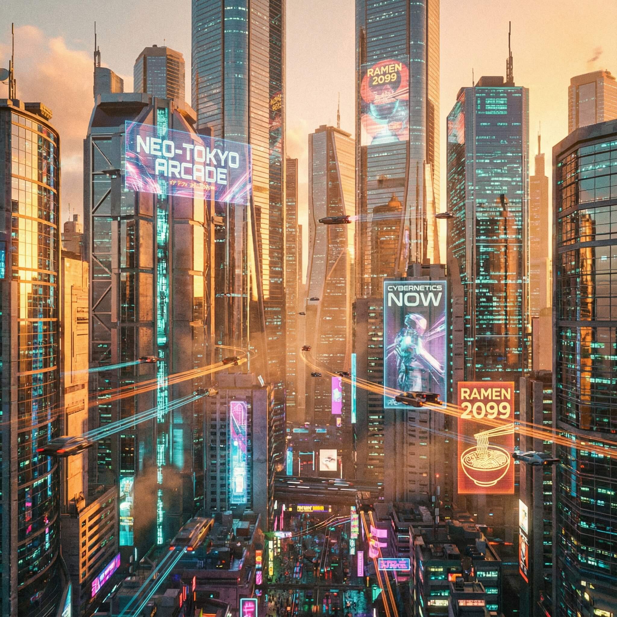 Futuristic cityscape with holographic ads and flying vehicles
